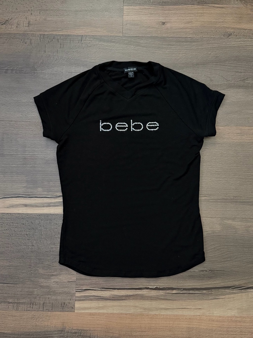 bebe Women's Black Rhinestone Logo V-neck T-shirt - Black - Size Small